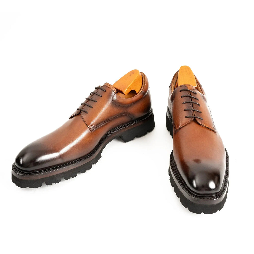 Brown Plain-Toe Derby Shoes with Lug Sole