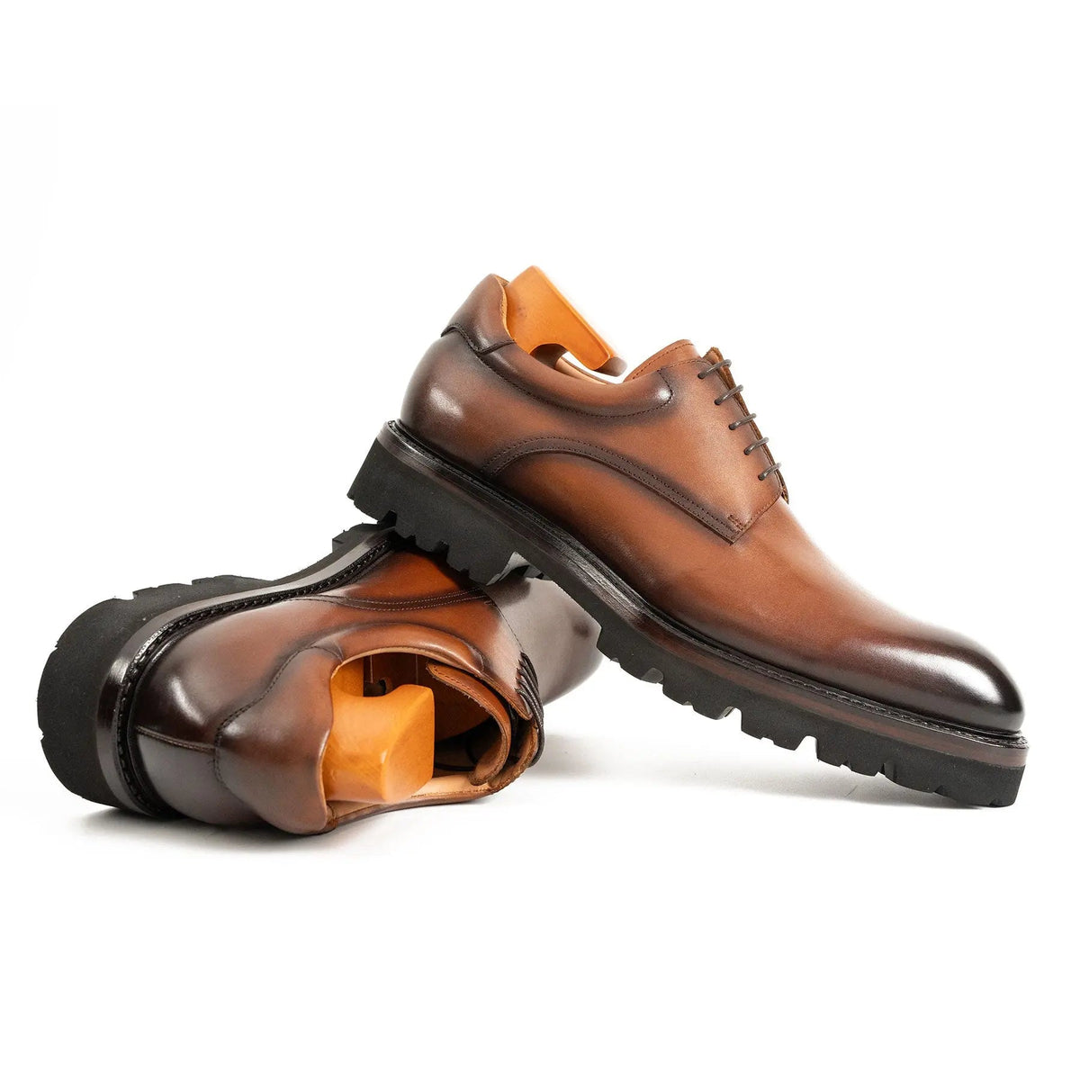 Brown Plain-Toe Derby Shoes with Lug Sole