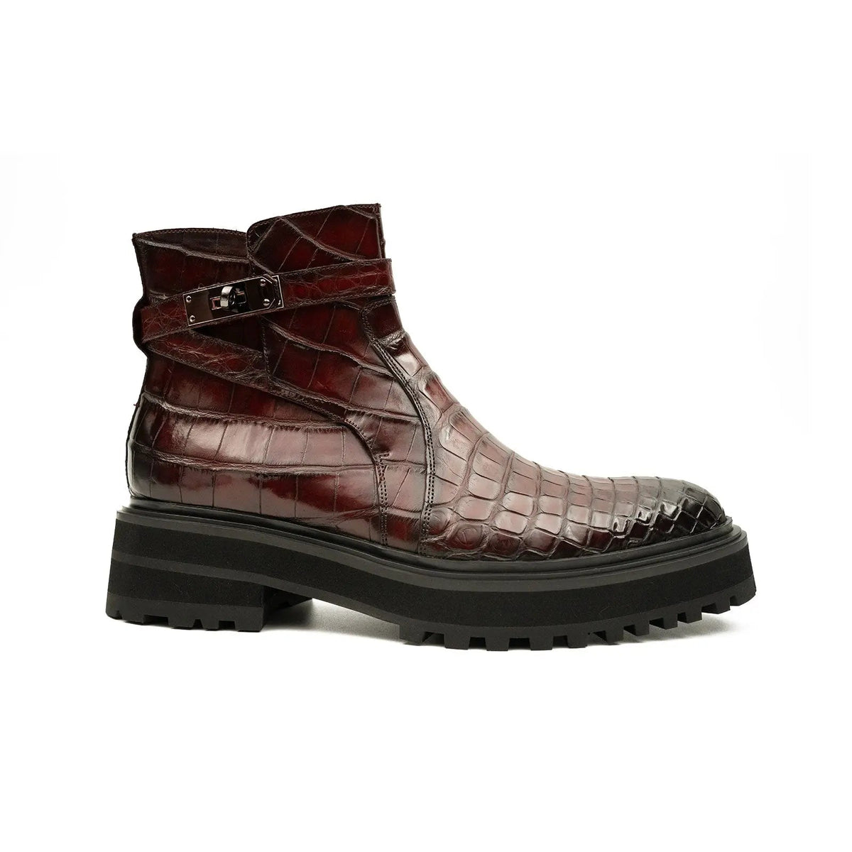 Burgundy Textured Ankle Boot with Buckle Strap
