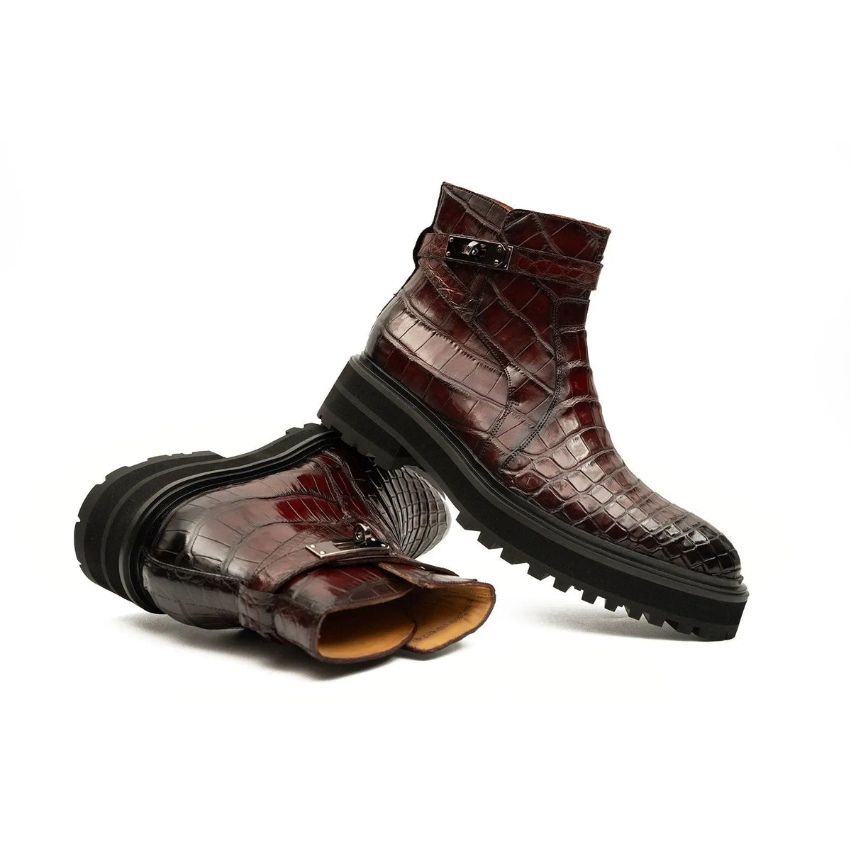 Burgundy Textured Ankle Boot with Buckle Strap