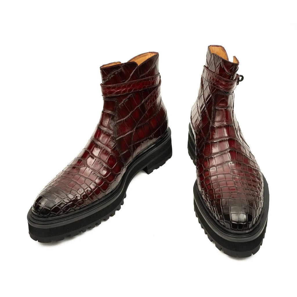Burgundy Textured Ankle Boot with Buckle Strap