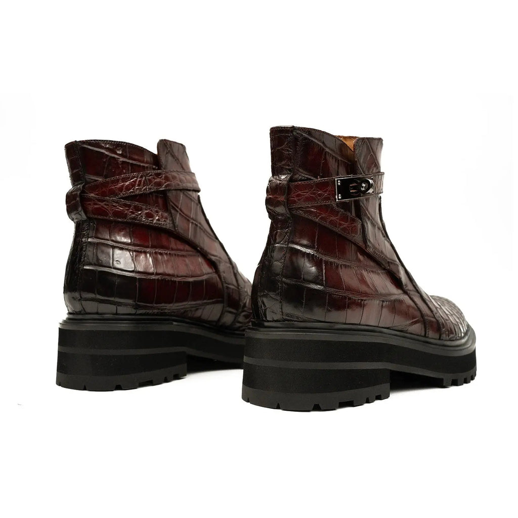 Burgundy Textured Ankle Boot with Buckle Strap