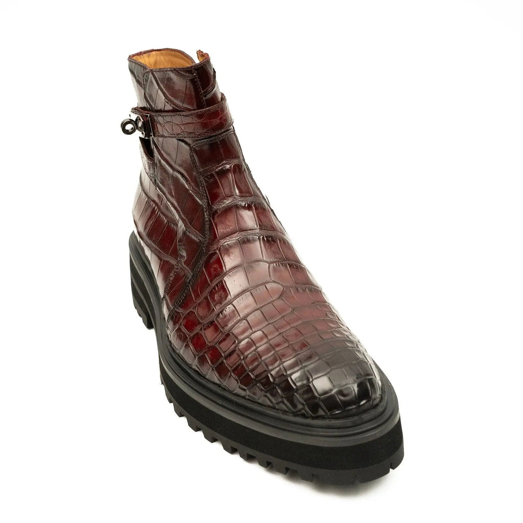 Burgundy Textured Ankle Boot with Buckle Strap