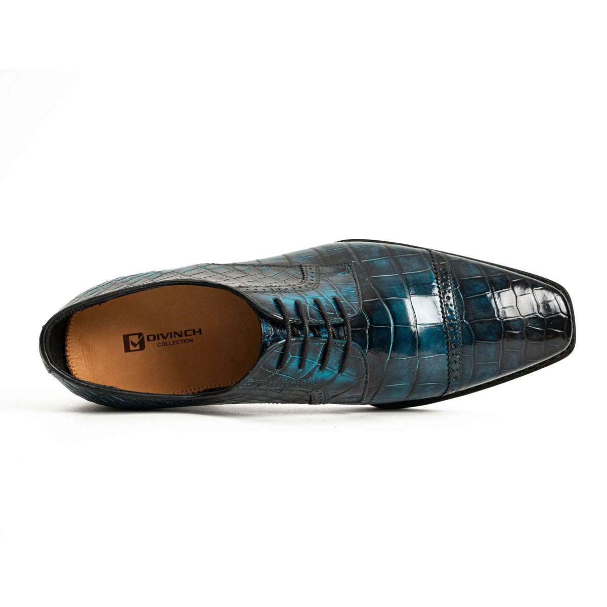 Teal Blue Cap-Toe Derby Shoes with Scale-Pattern Texture