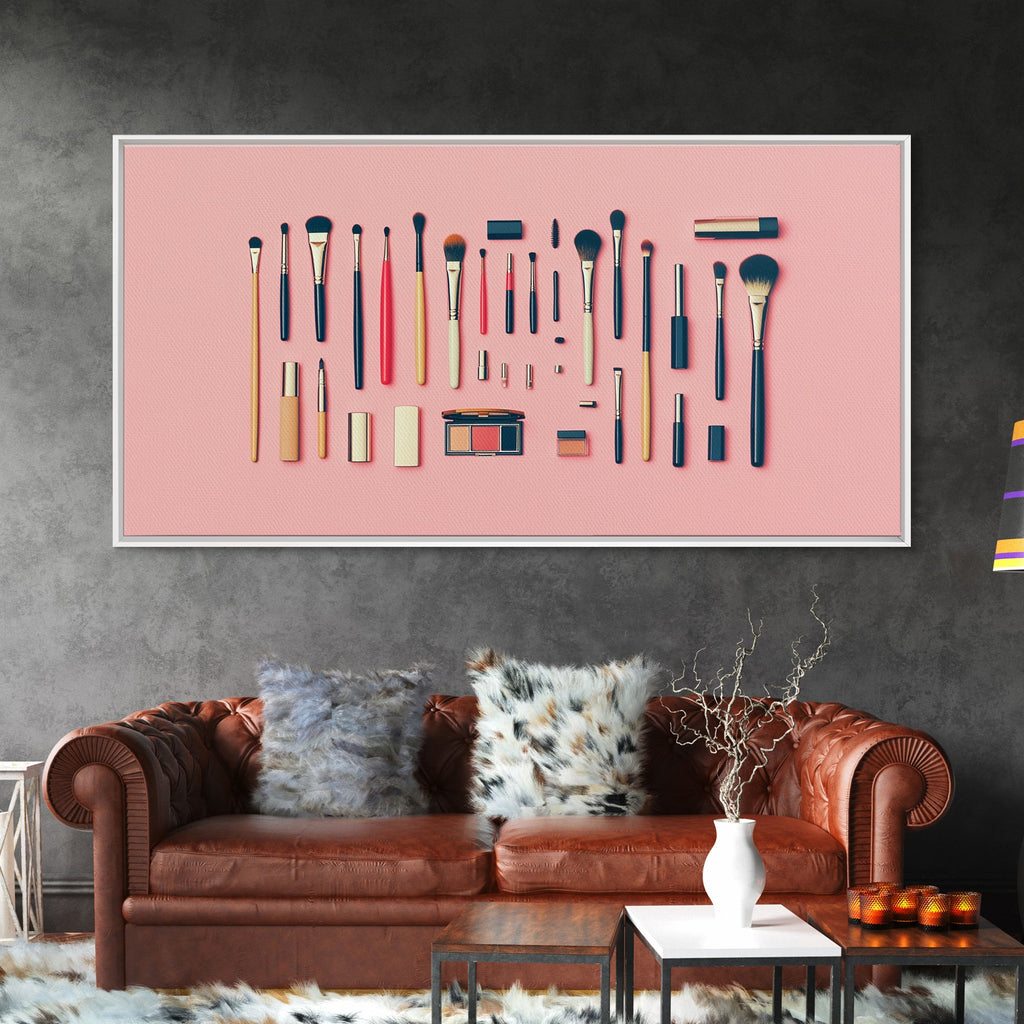Makeup Brushes Framed Canvas Print - Makeup Wall Art - Preppy Dorm Room Decor
