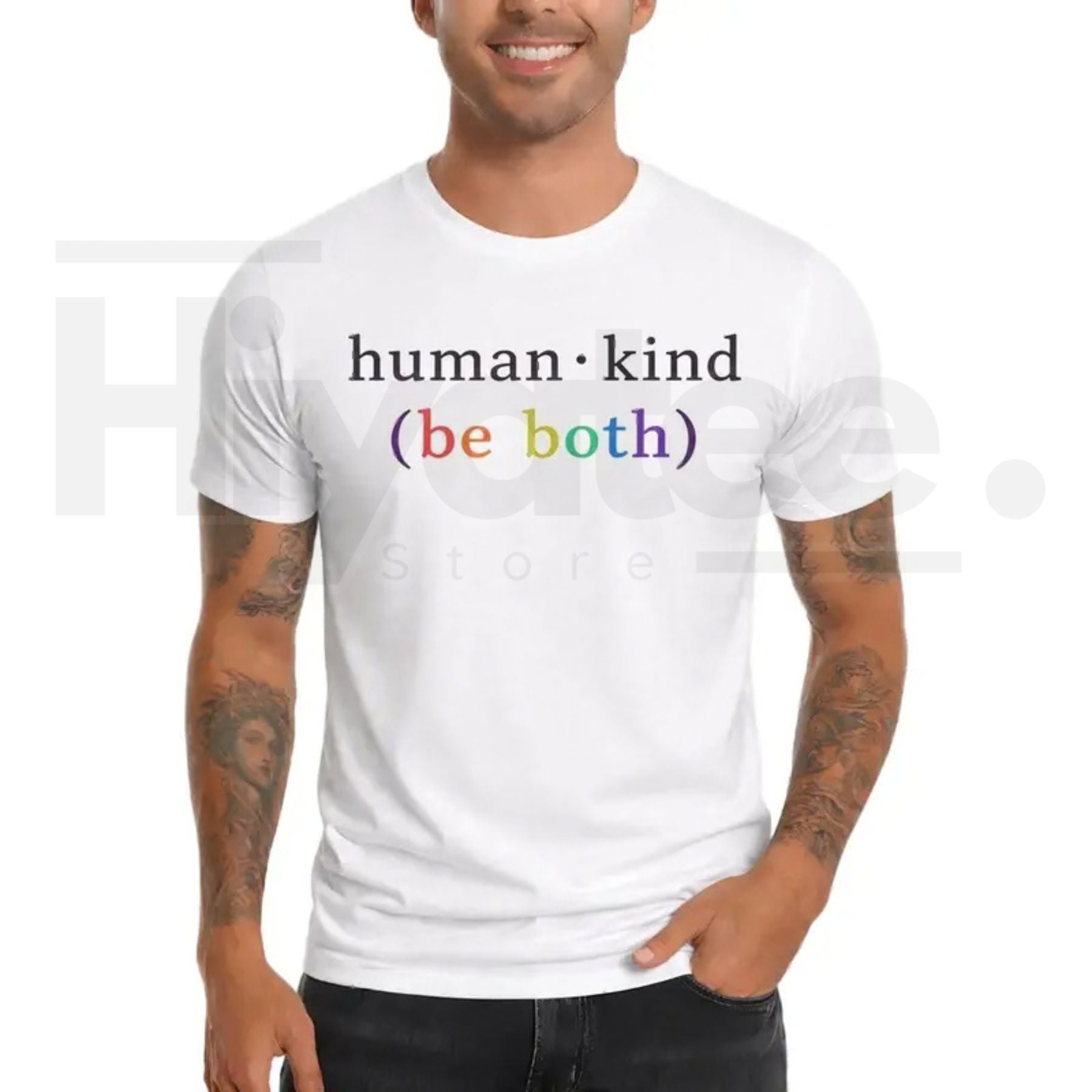 "Human Kind. Be Both." Men's Graphic Tee – Rainbow Positive Quote T-Shirt