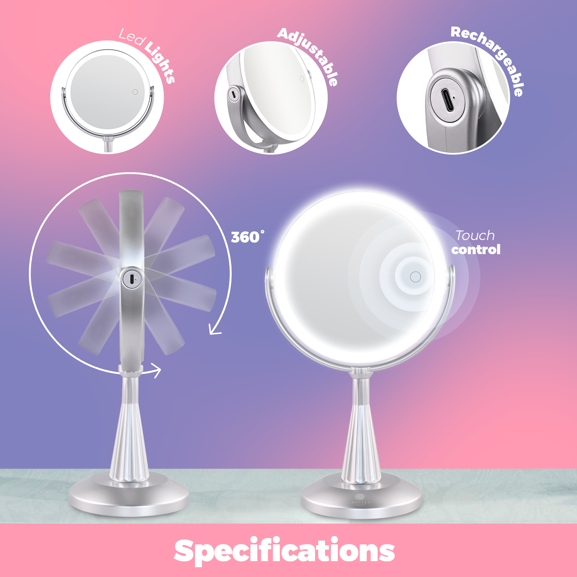 Lily InBella  LED Vanity Mirror – Adjustable Light & 360° Rotating