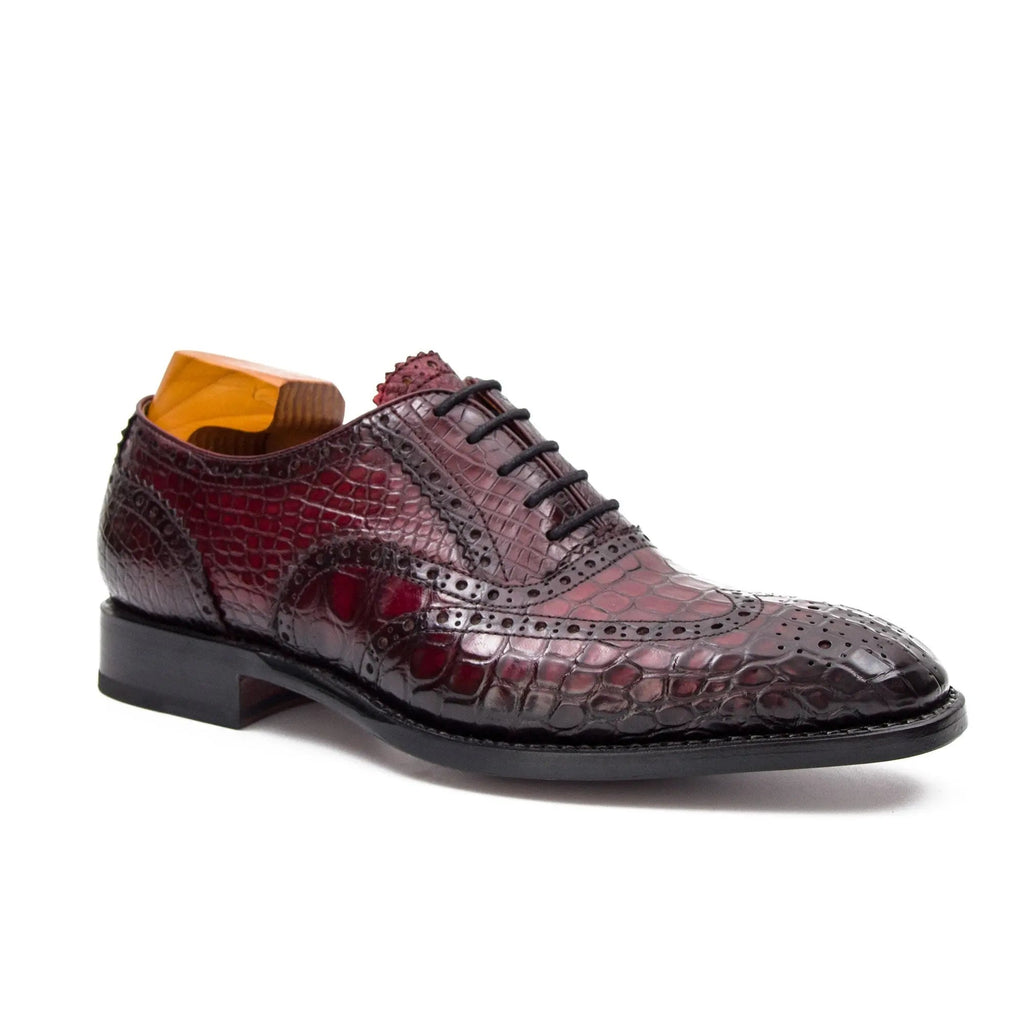 Burgundy Wingtip Oxford Shoes with Scale-Pattern Texture