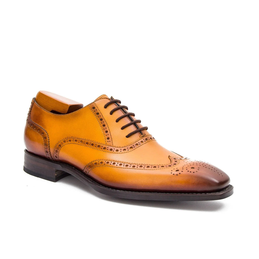 Golden-Tan Square-Wingtip Oxford Shoes with Medallion