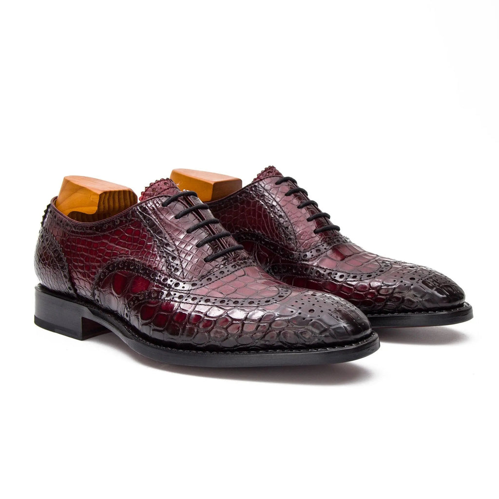 Burgundy Wingtip Oxford Shoes with Scale-Pattern Texture