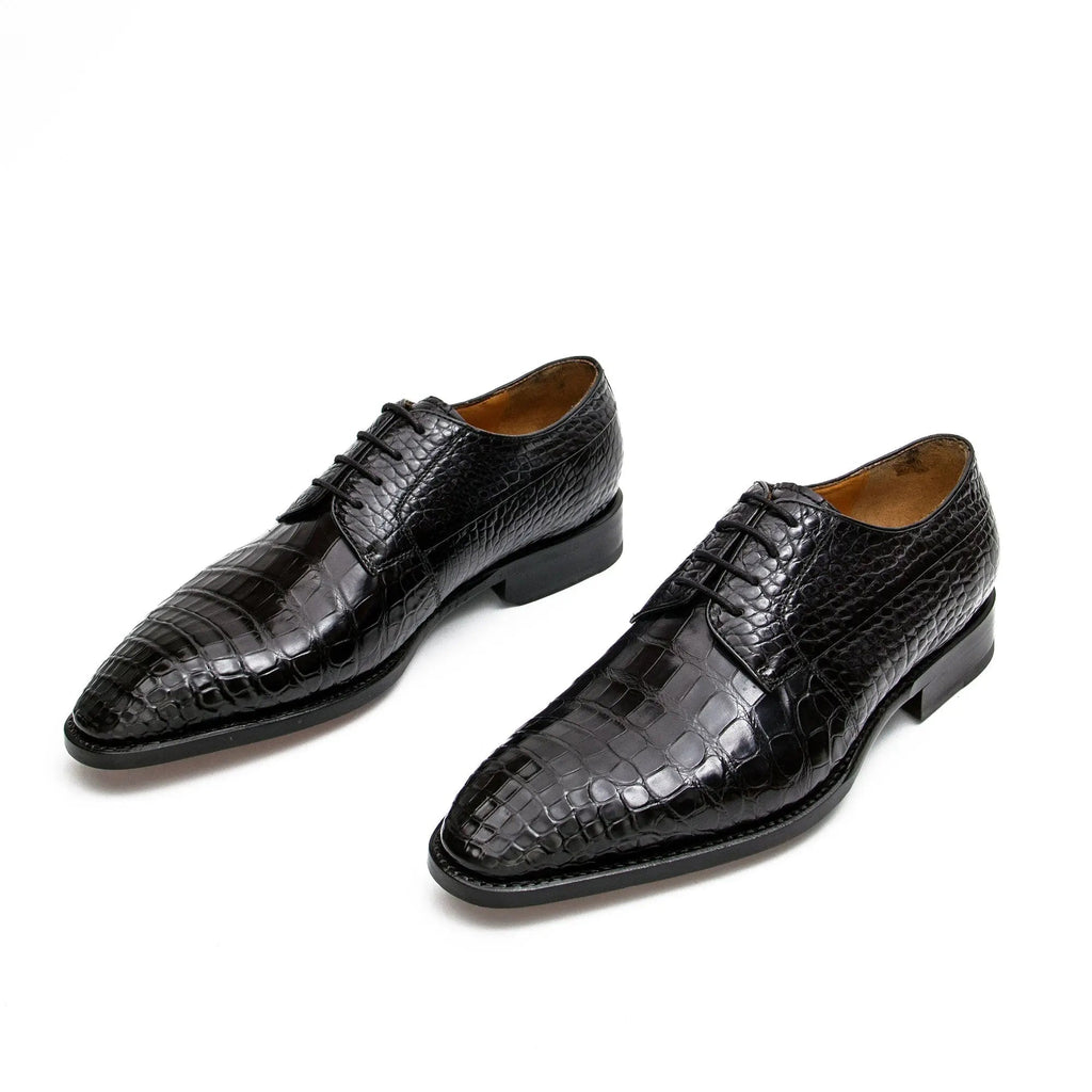 Black Plain-Toe Derby Shoes with Scale-Pattern Texture