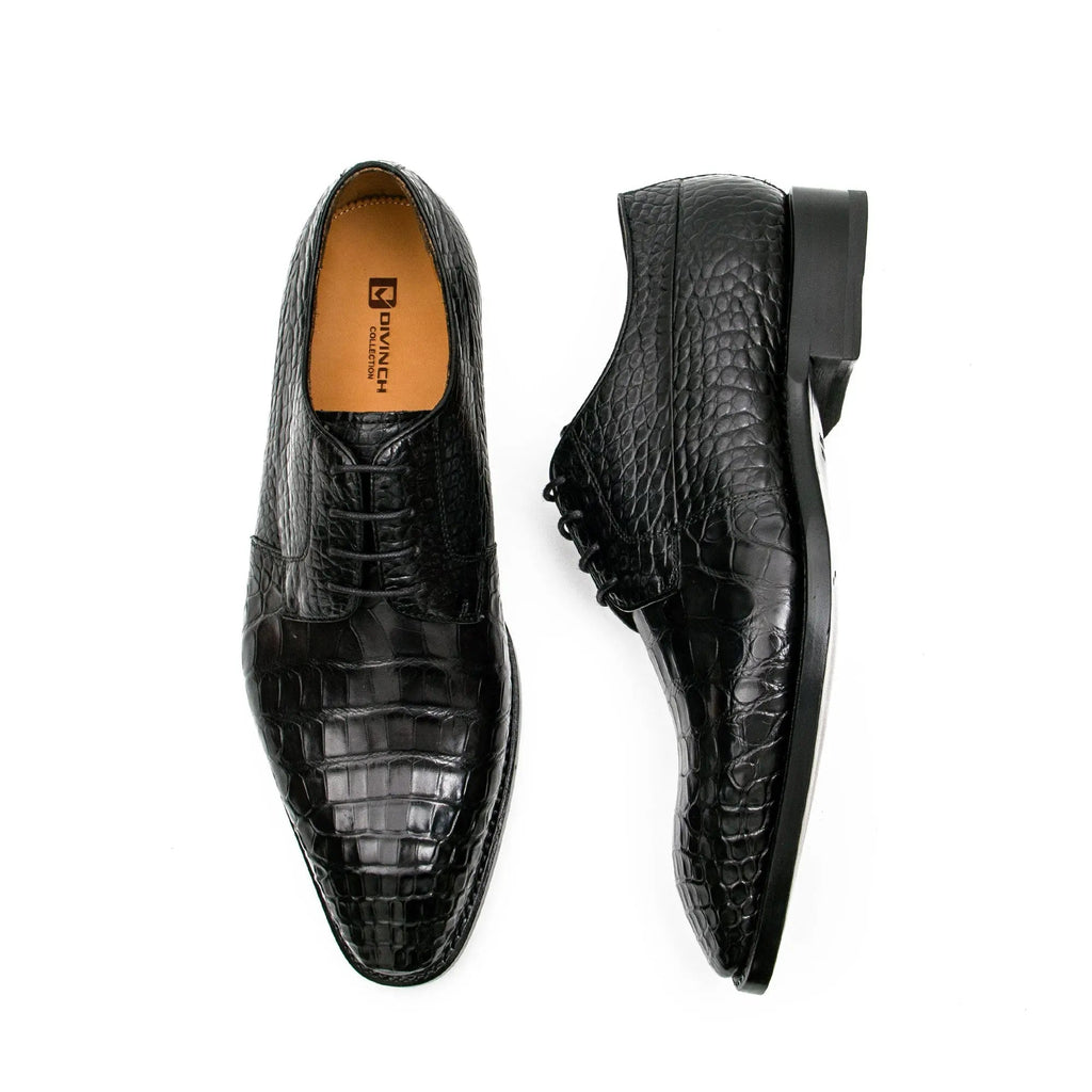 Black Plain-Toe Derby Shoes with Scale-Pattern Texture