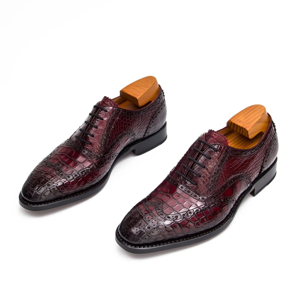 Burgundy Wingtip Oxford Shoes with Scale-Pattern Texture