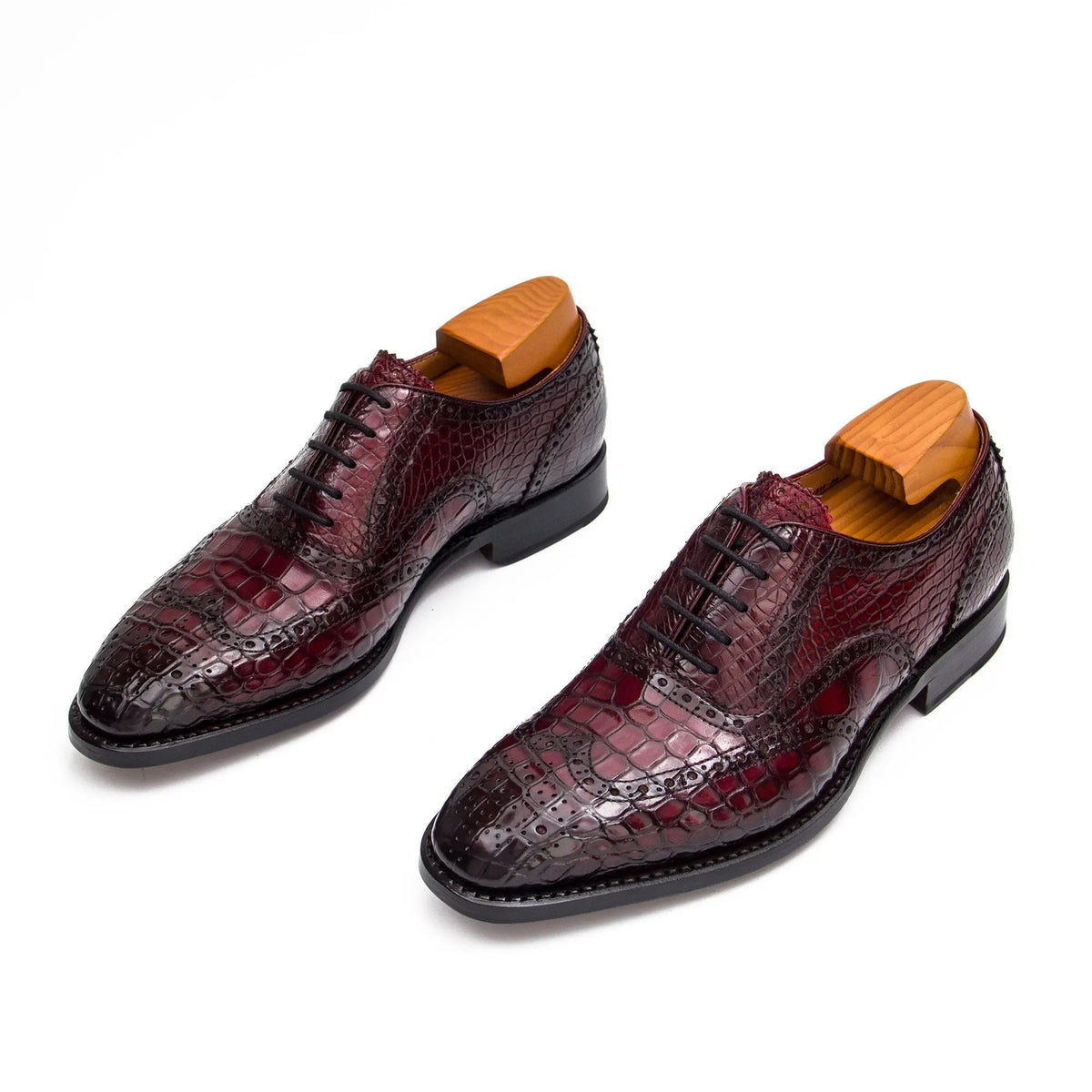 Burgundy Wingtip Oxford Shoes with Scale-Pattern Texture