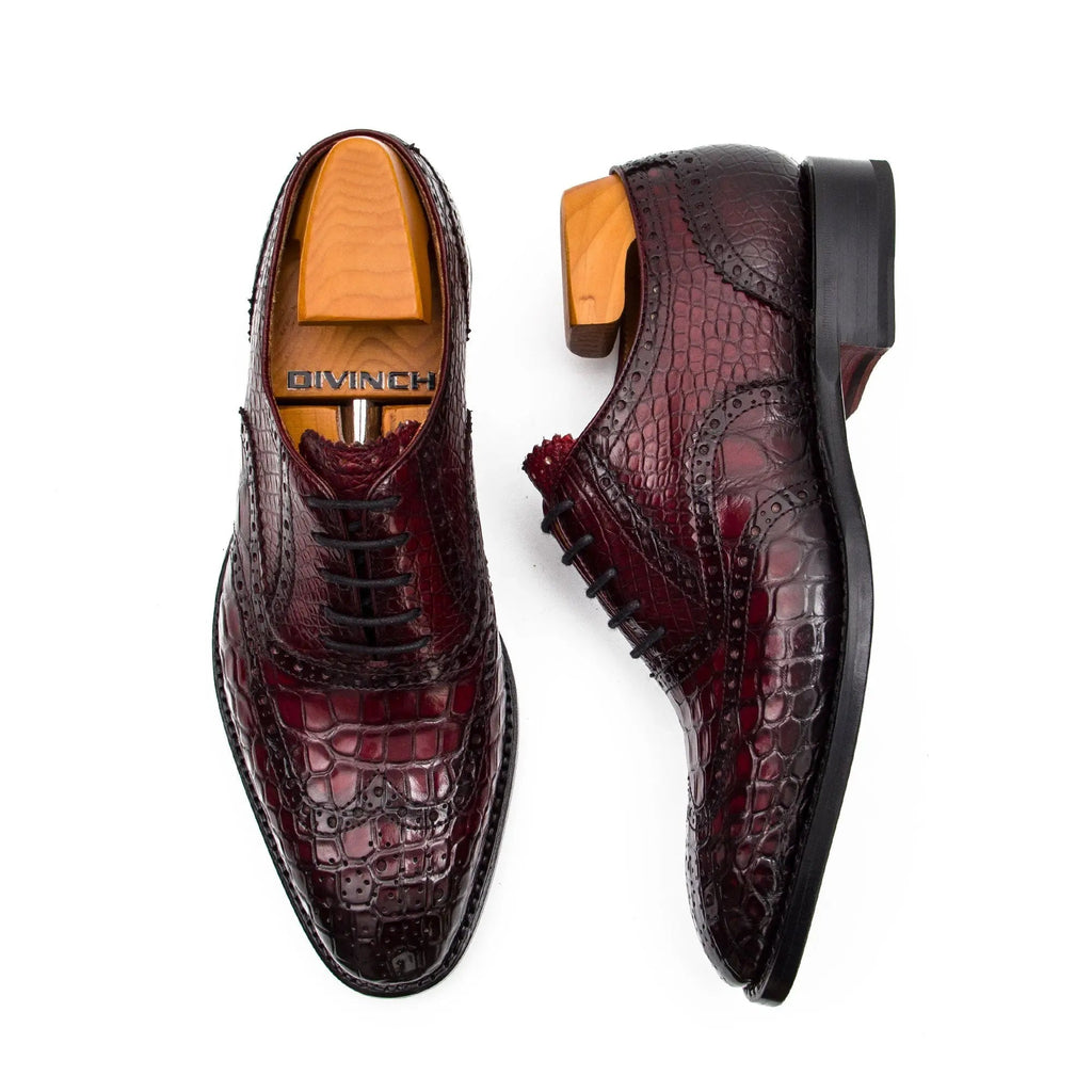 Burgundy Wingtip Oxford Shoes with Scale-Pattern Texture