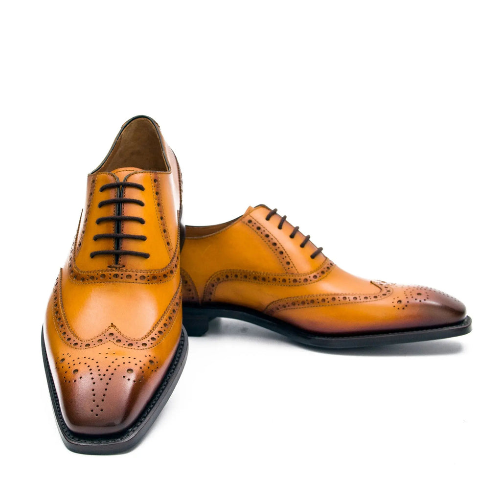 Golden-Tan Square-Wingtip Oxford Shoes with Medallion