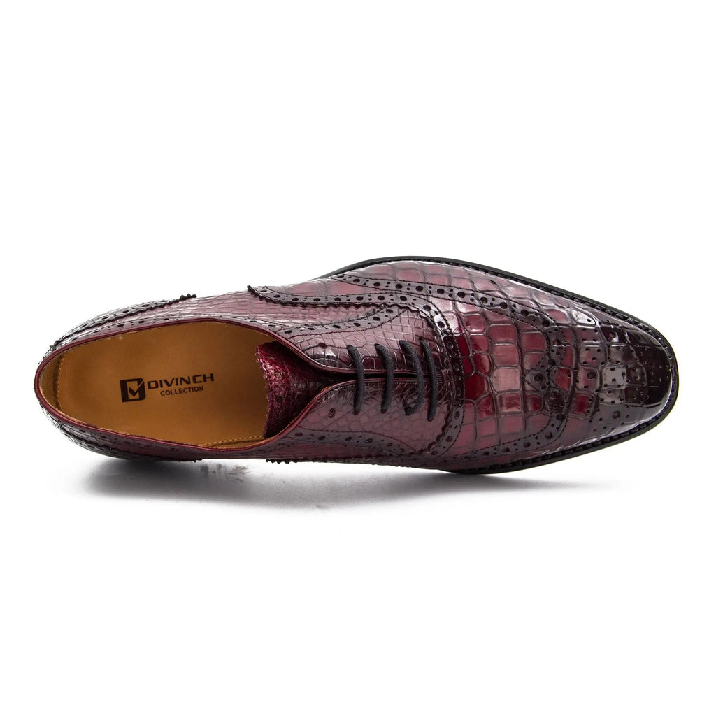 Burgundy Wingtip Oxford Shoes with Scale-Pattern Texture