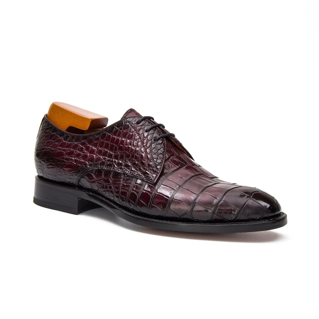 Burgundy Round-Toe Derby Shoes with Scale-Pattern Texture