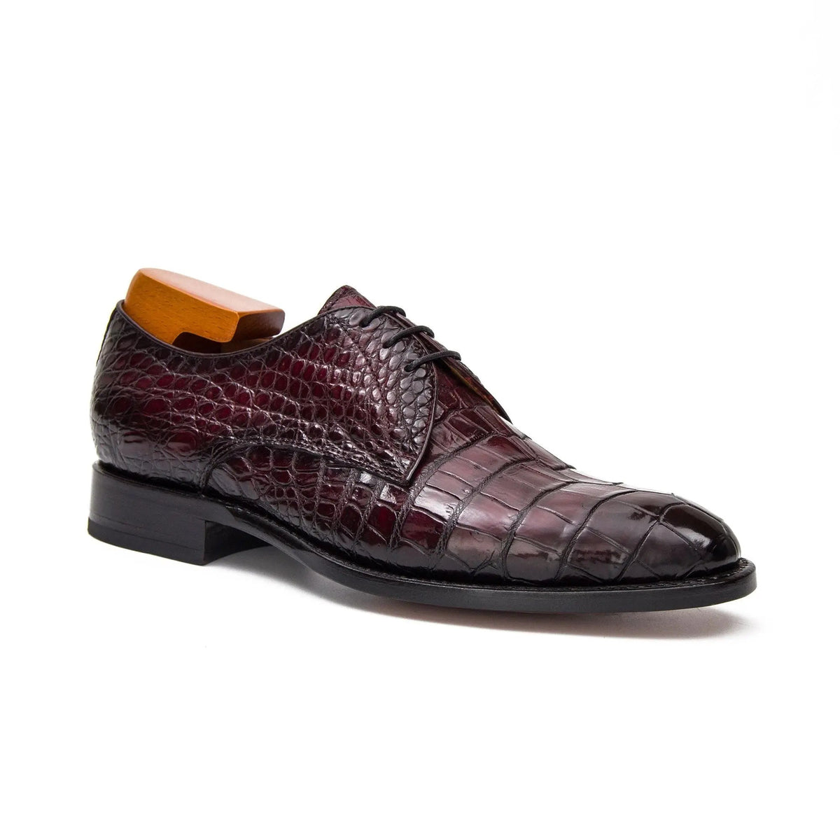 Burgundy Round-Toe Derby Shoes with Scale-Pattern Texture