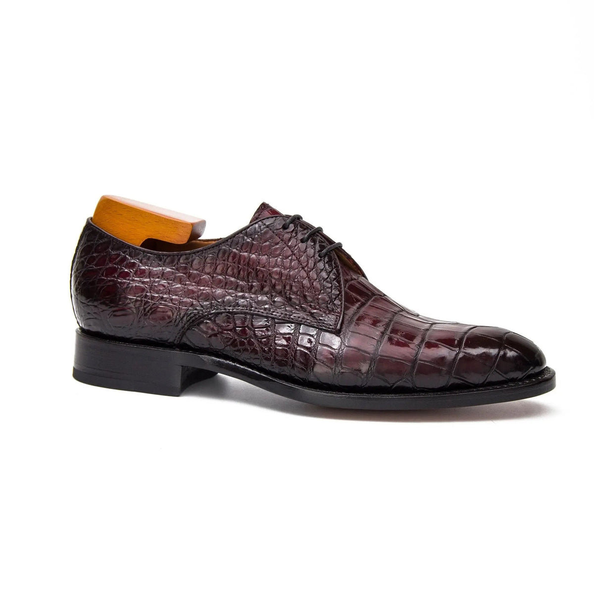 Burgundy Round-Toe Derby Shoes with Scale-Pattern Texture