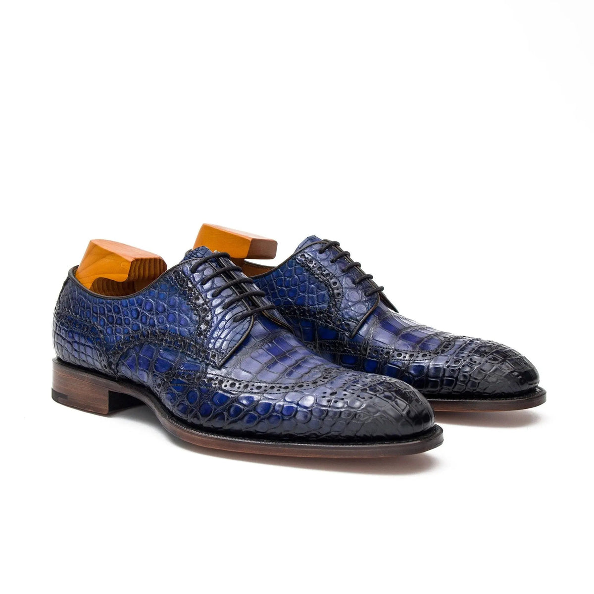 Blue Cap-Toe Derby Shoes with Perforated Detail
