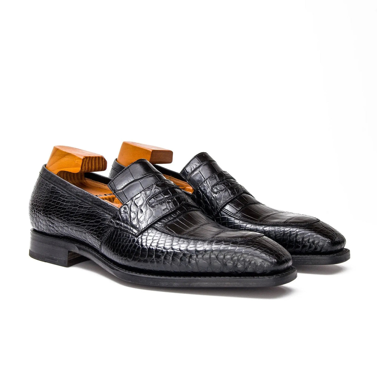 Black Apron-Toe Penny Loafers with Scale-Pattern Texture