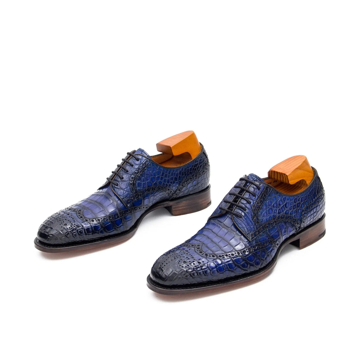 Blue Cap-Toe Derby Shoes with Perforated Detail