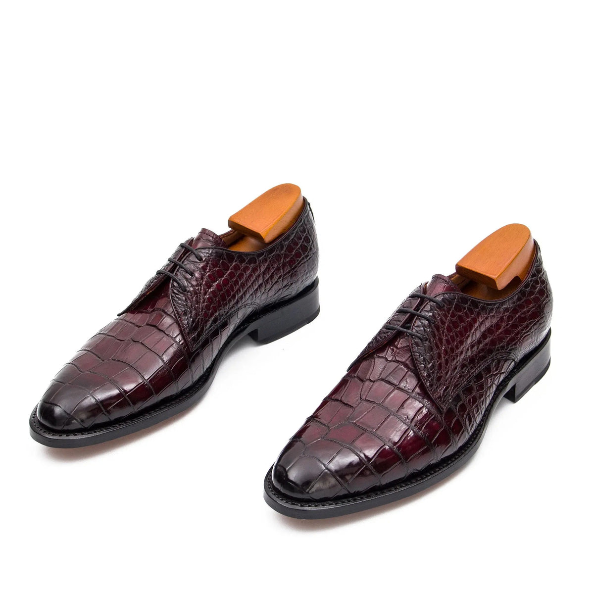 Burgundy Round-Toe Derby Shoes with Scale-Pattern Texture