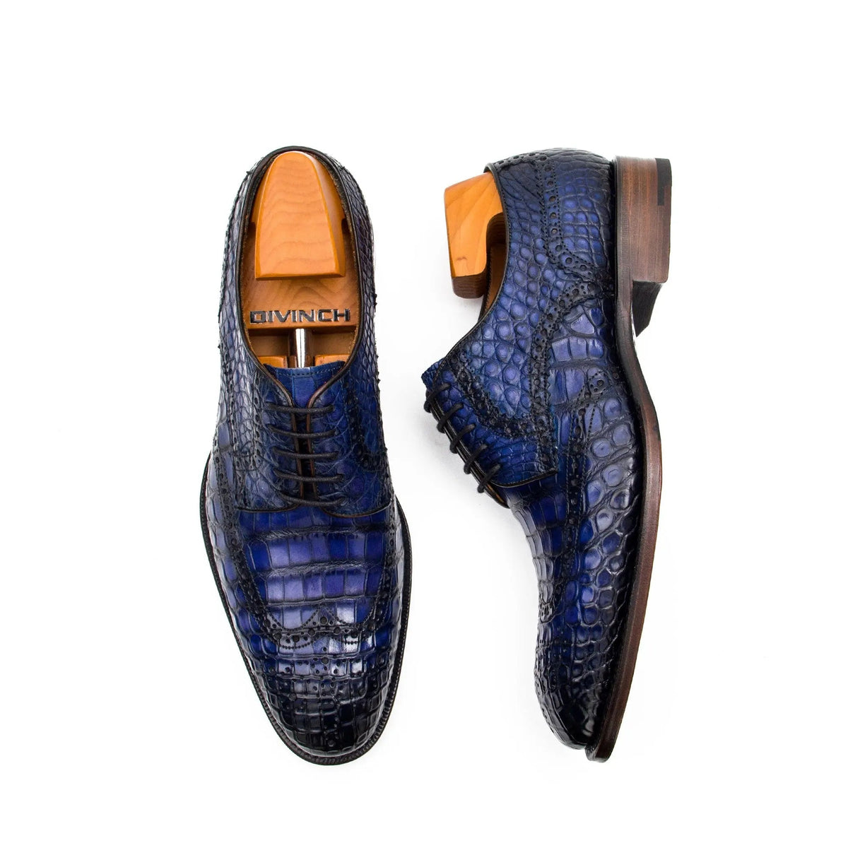 Blue Cap-Toe Derby Shoes with Perforated Detail