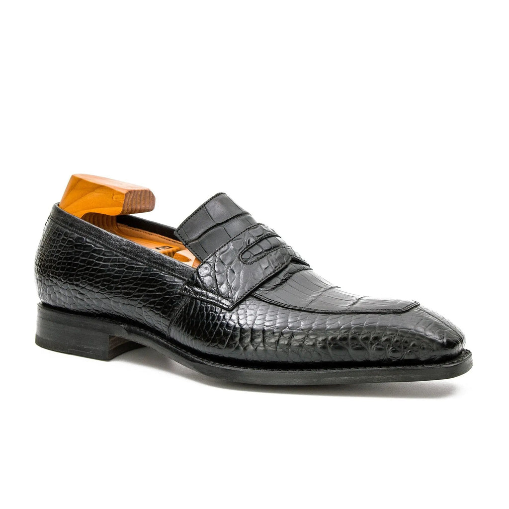 Black Apron-Toe Penny Loafers with Scale-Pattern Texture