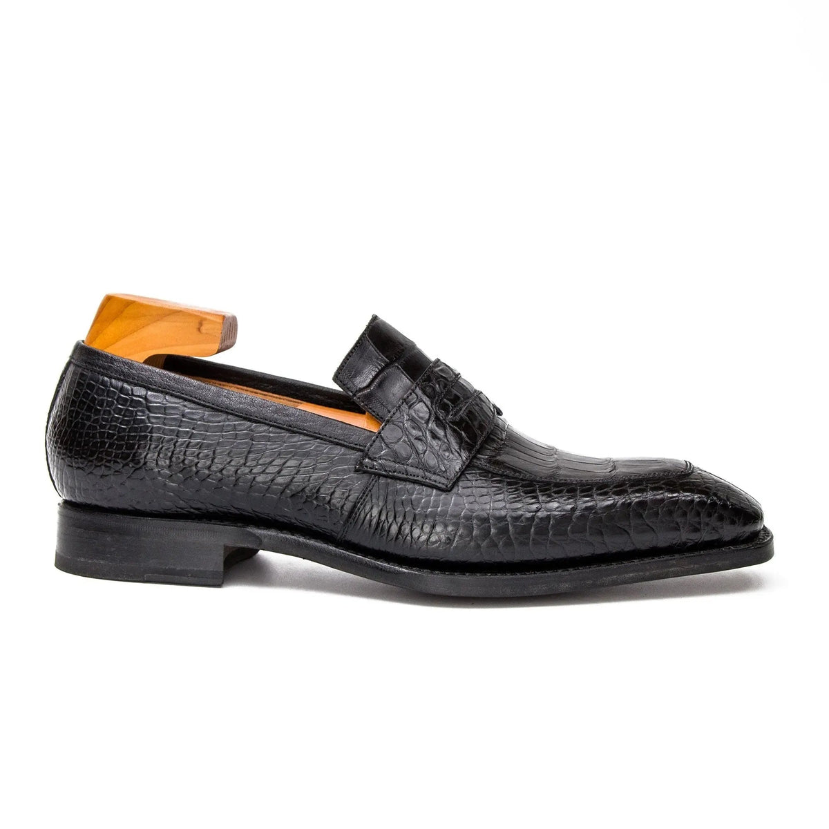 Black Apron-Toe Penny Loafers with Scale-Pattern Texture
