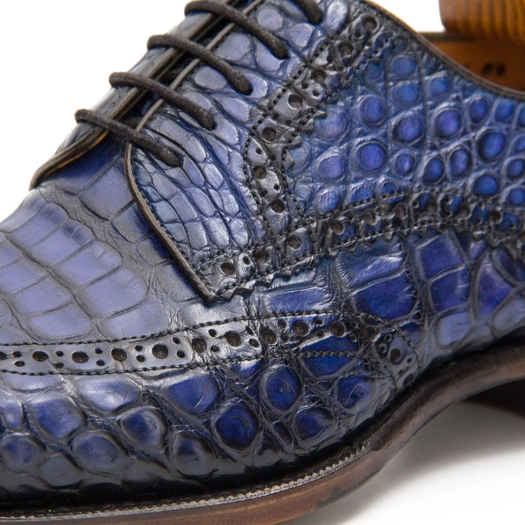 Blue Cap-Toe Derby Shoes with Perforated Detail