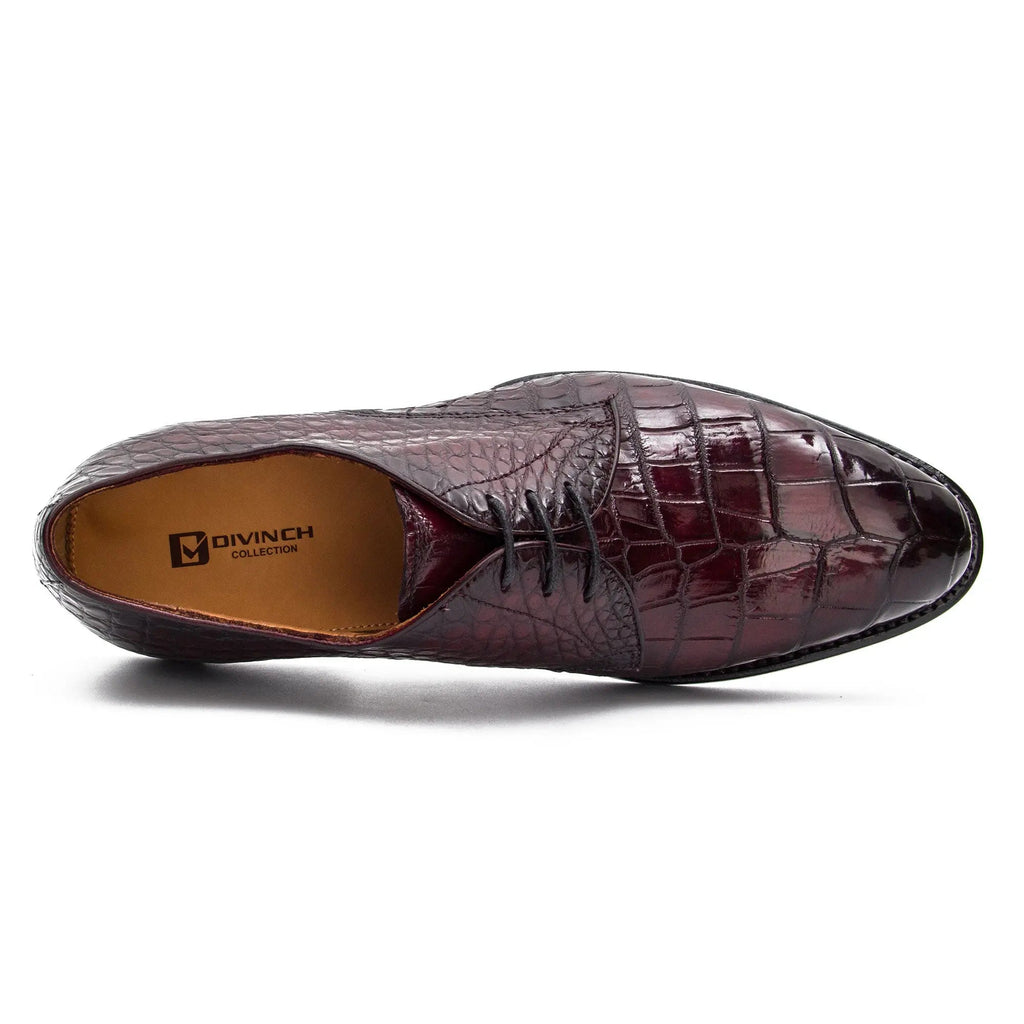 Burgundy Round-Toe Derby Shoes with Scale-Pattern Texture