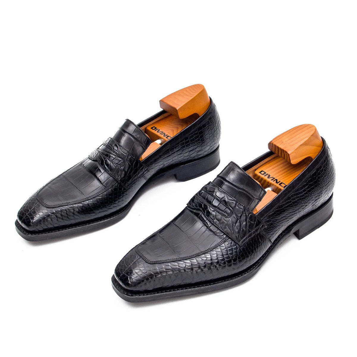 Black Apron-Toe Penny Loafers with Scale-Pattern Texture