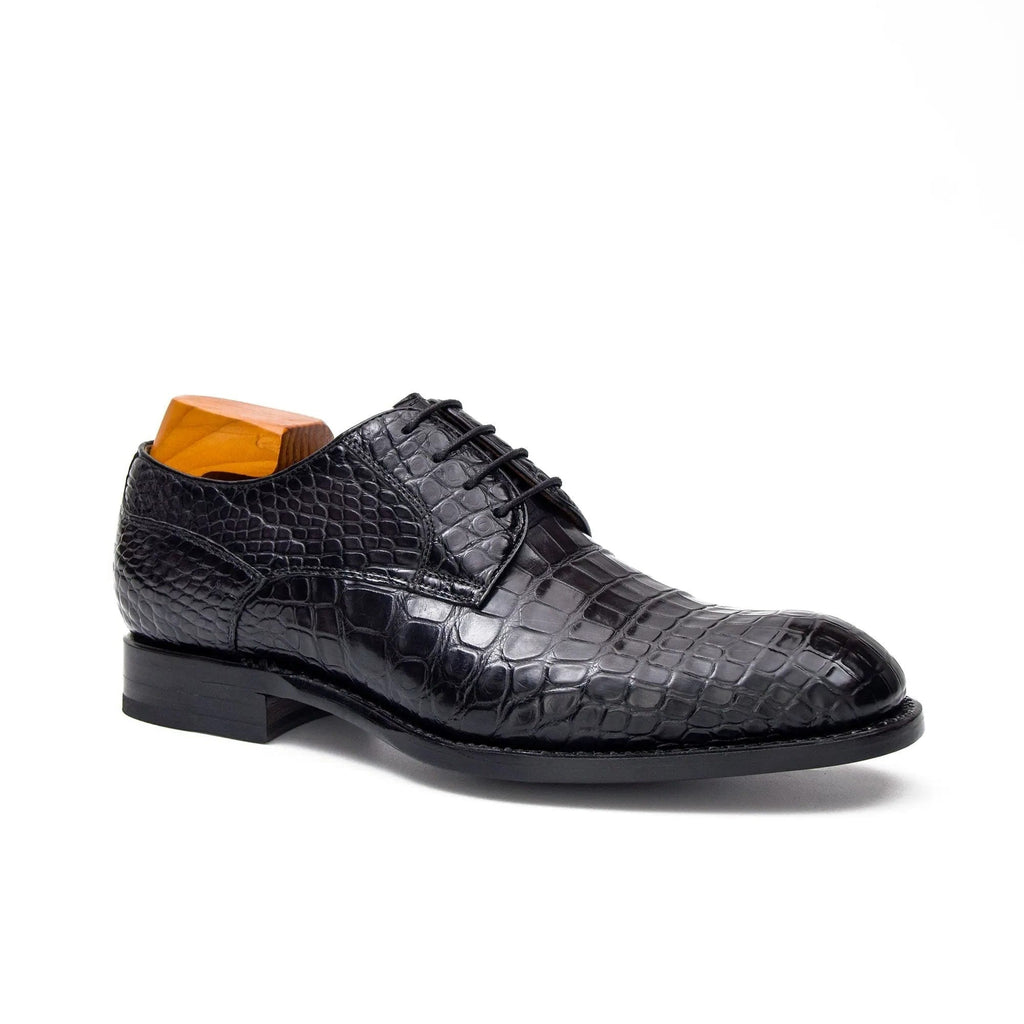 Black Round-Toe Derby Shoes with Scale-Pattern Texture