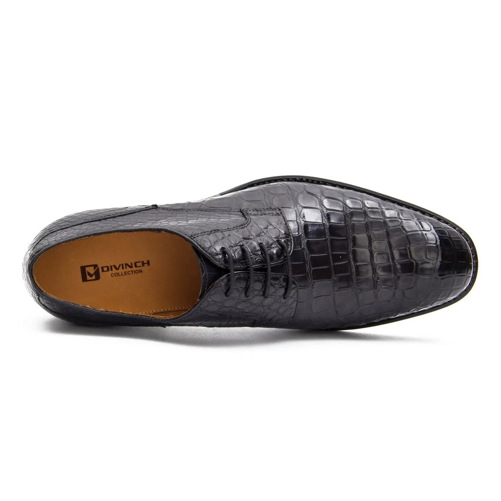 Black Round-Toe Derby Shoes with Scale-Pattern Texture