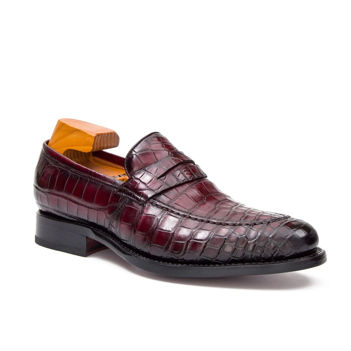 Burgundy Apron-Toe Penny Loafers with Scale-Pattern Texture