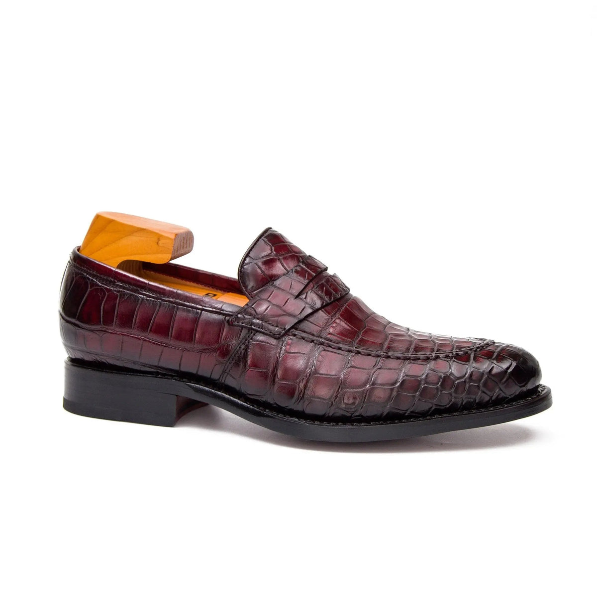 Burgundy Apron-Toe Penny Loafers with Scale-Pattern Texture