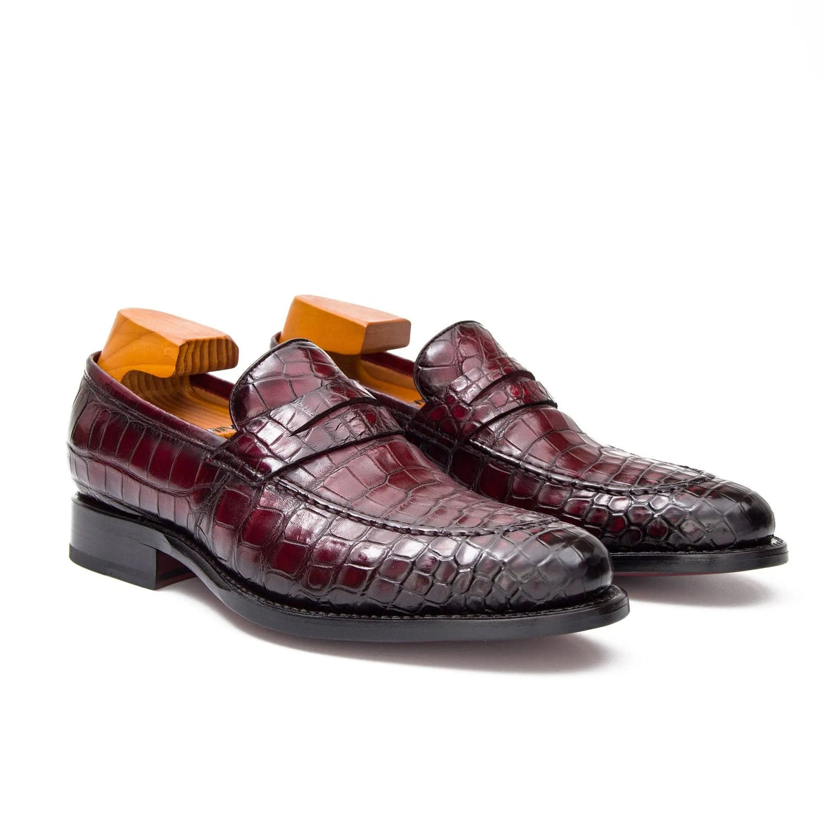 Burgundy Apron-Toe Penny Loafers with Scale-Pattern Texture