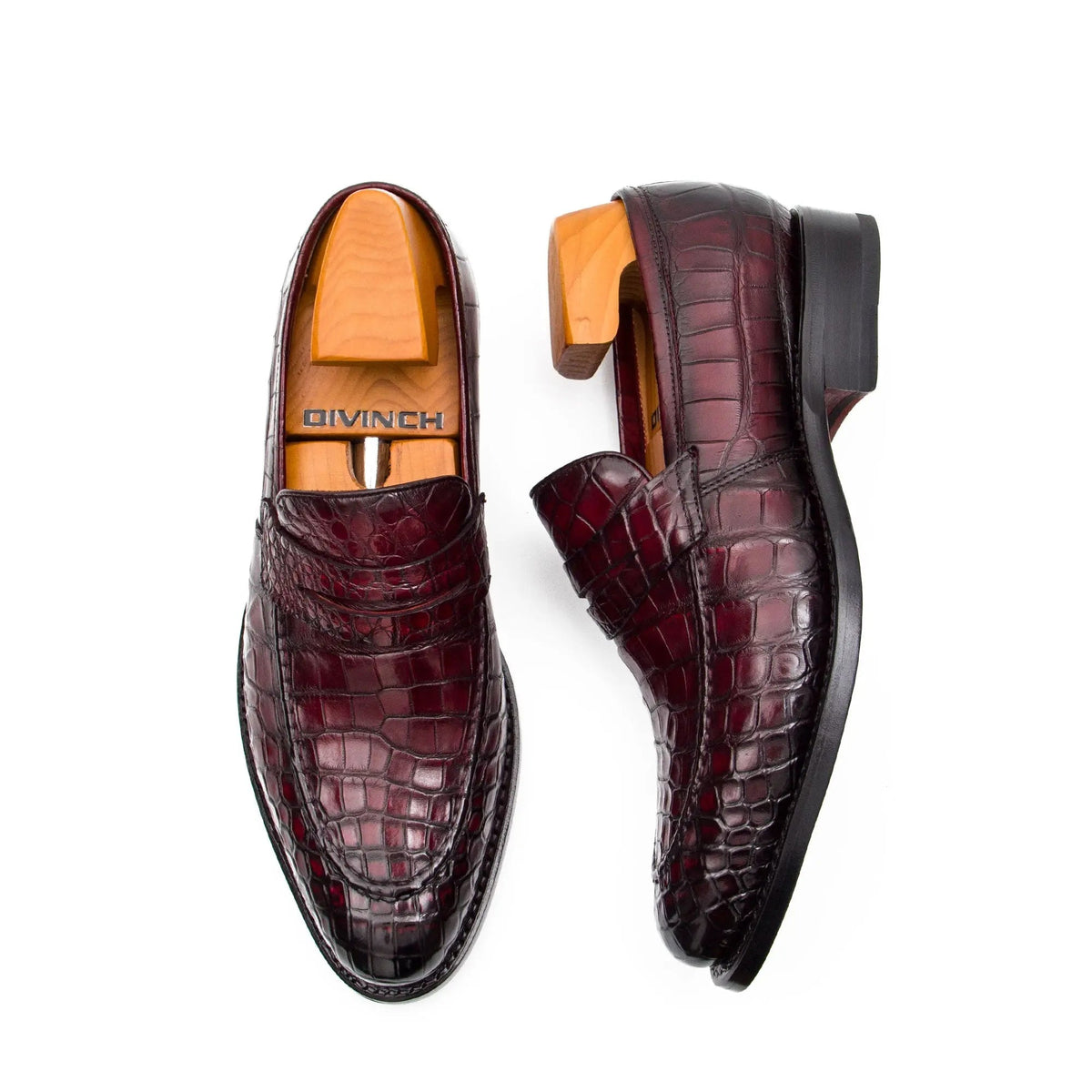 Burgundy Apron-Toe Penny Loafers with Scale-Pattern Texture