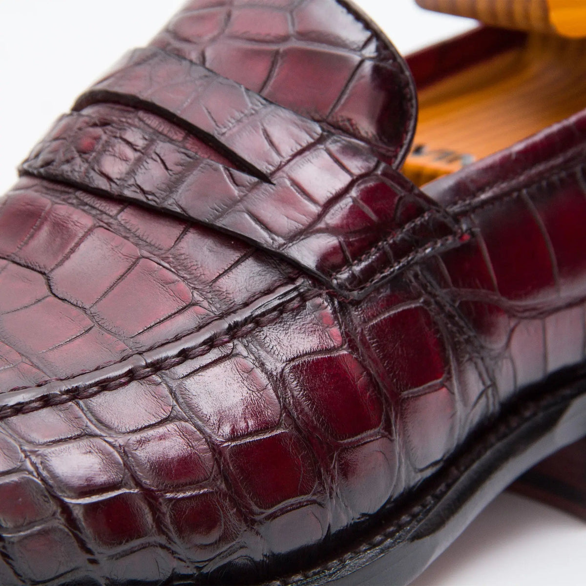 Burgundy Apron-Toe Penny Loafers with Scale-Pattern Texture