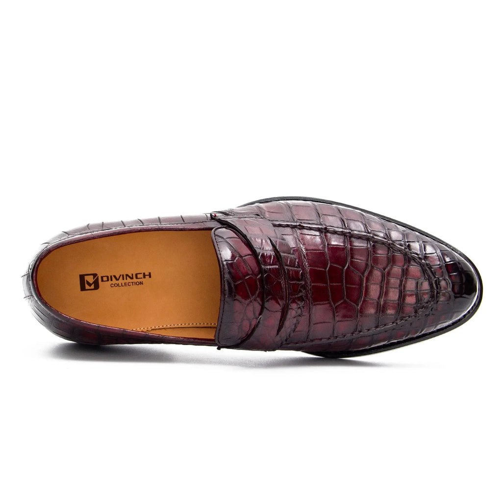 Burgundy Apron-Toe Penny Loafers with Scale-Pattern Texture