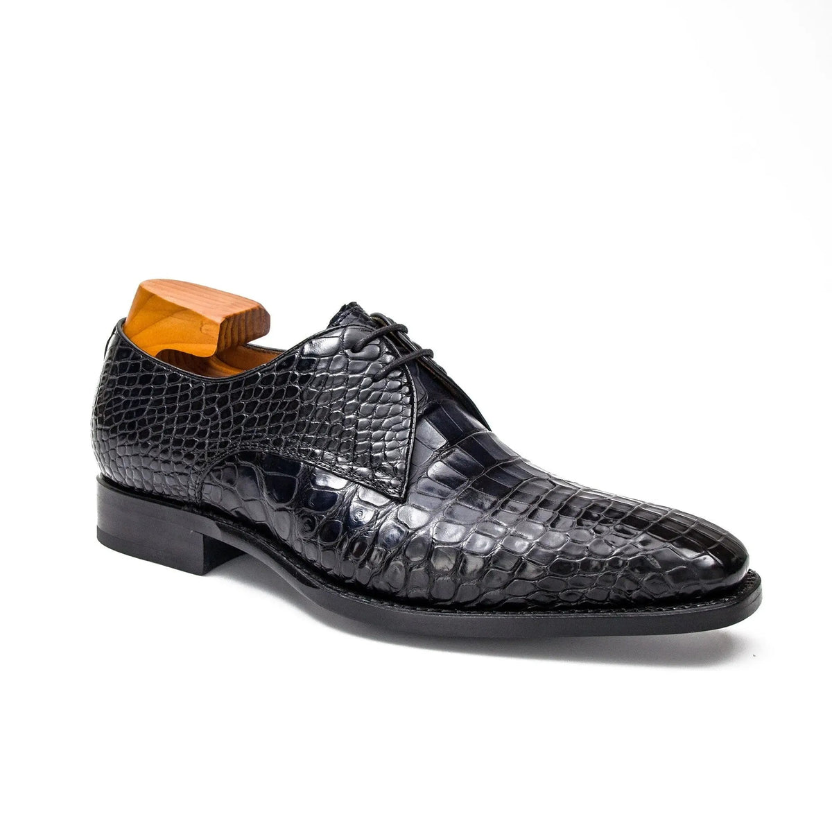 Very Dark Blue Round-Toe Derby Shoes with Scale-Pattern Texture