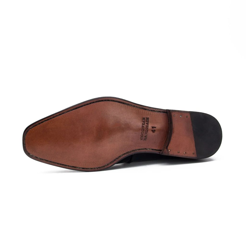 Black Cap-Toe Double Monk Strap Shoes with Fringed Vamp