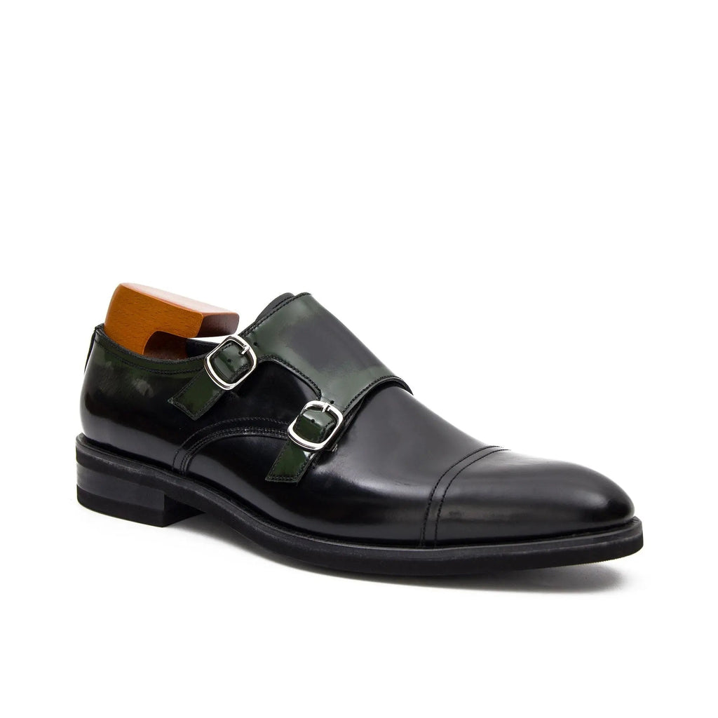 Dark Green Cap-Toe Double Monk Strap Shoes with Glossy Finish