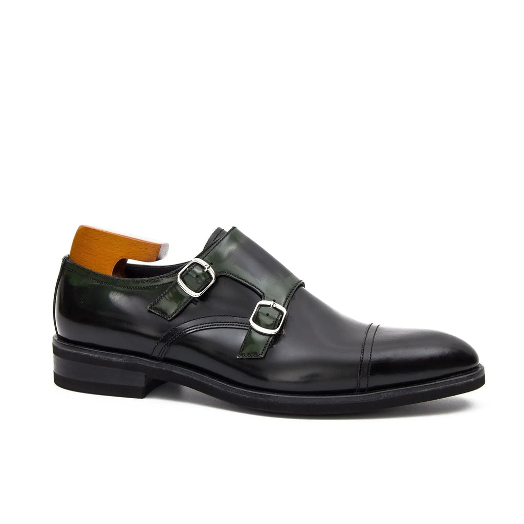 Dark Green Cap-Toe Double Monk Strap Shoes with Glossy Finish