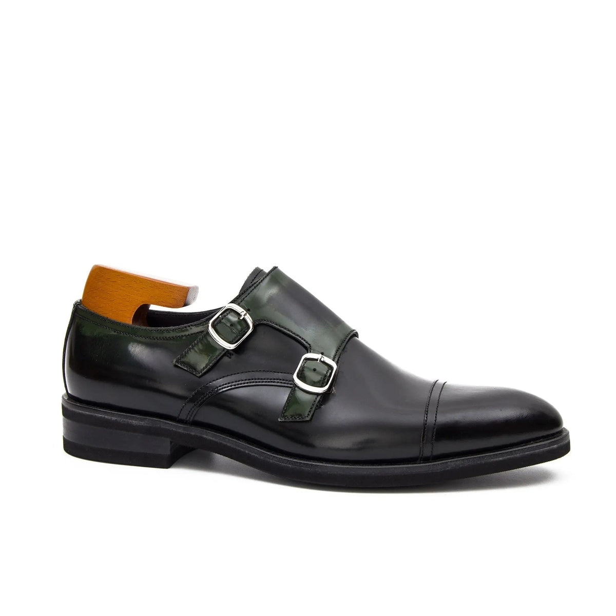 Dark Green Cap-Toe Double Monk Strap Shoes with Glossy Finish