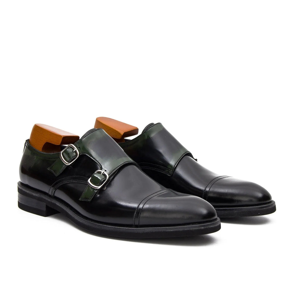 Dark Green Cap-Toe Double Monk Strap Shoes with Glossy Finish