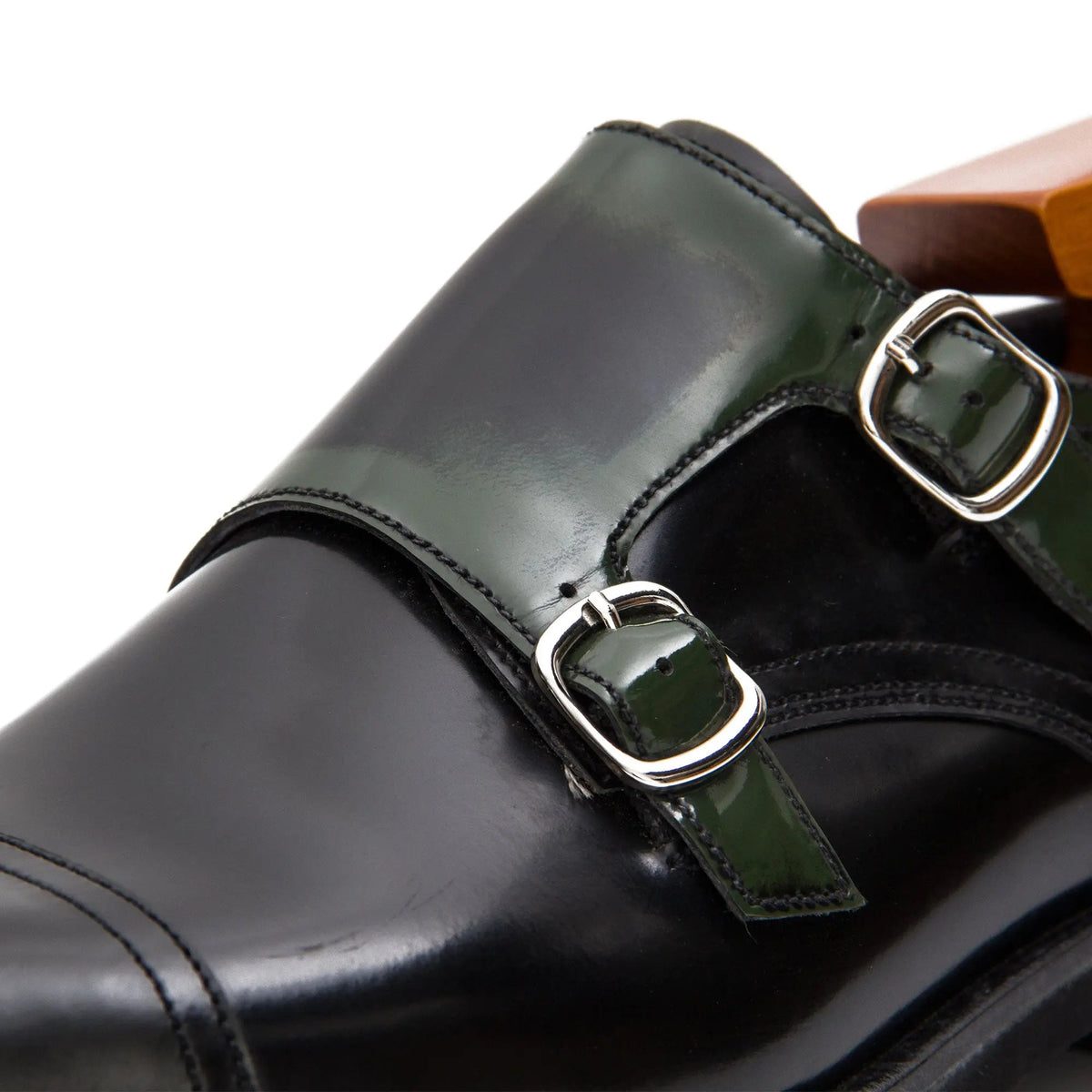 Dark Green Cap-Toe Double Monk Strap Shoes with Glossy Finish