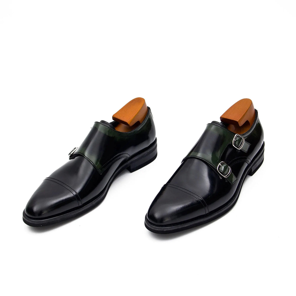Dark Green Cap-Toe Double Monk Strap Shoes with Glossy Finish